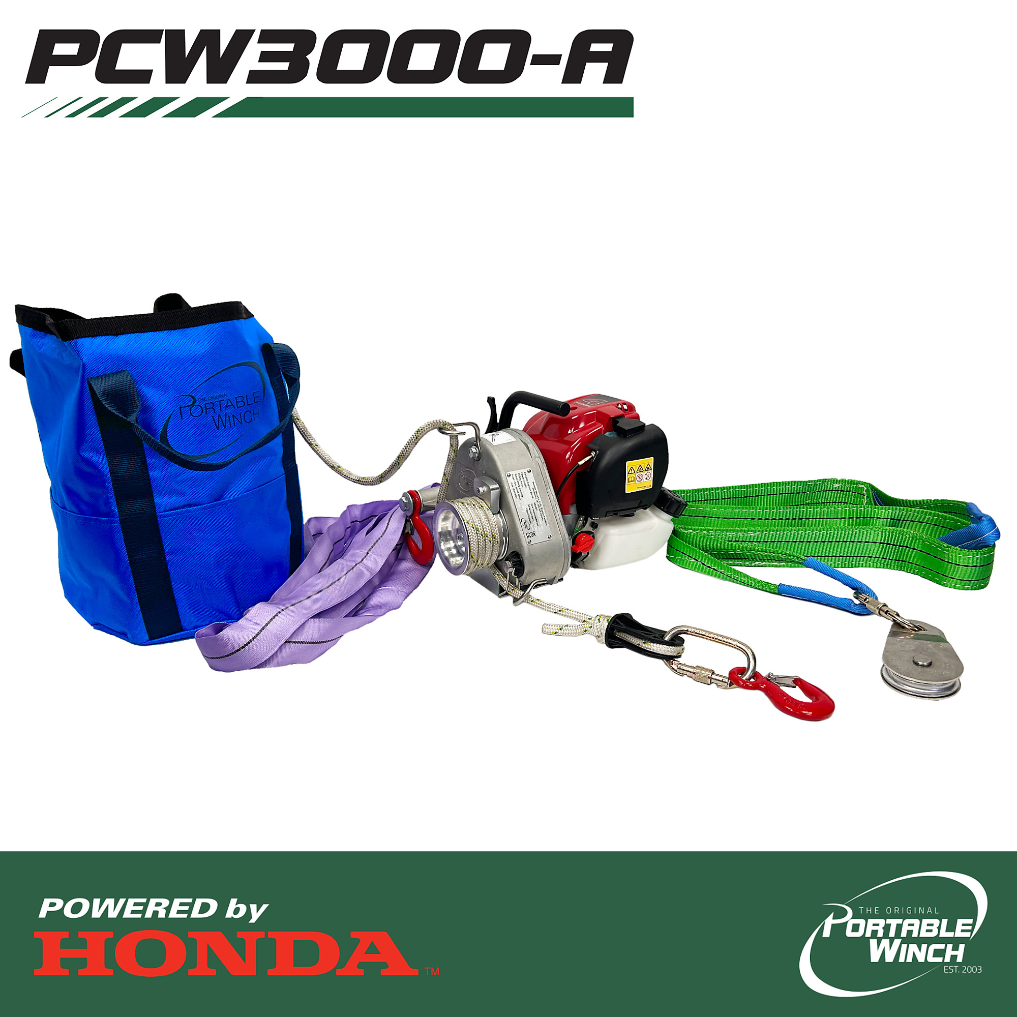 Portable Winch, PCW3000 Gas-Powered Portable Winch w/ Essential Accessories, Capacity (Line Pull) 1600 lb, Model# PCW3000-A
